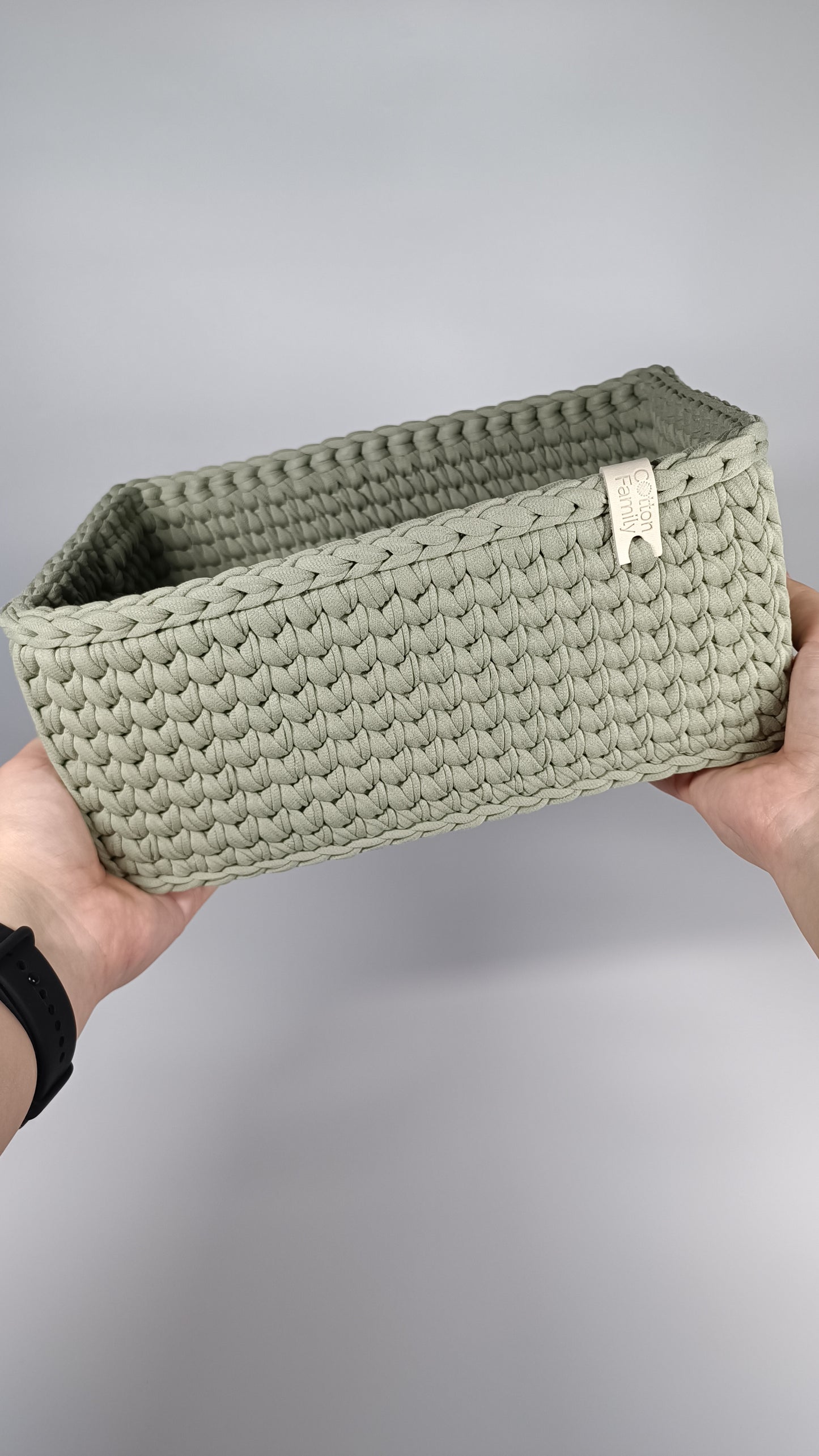 RECTO Basket — Sage Mist | Handmade Crochet Organizer with Knitted Bottom
