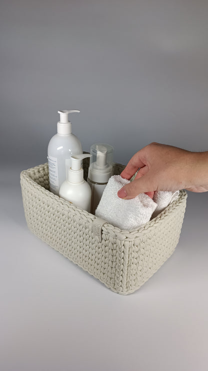 “RECTO” Handmade Rectangle Basket — Ivory (Knitted Bottom), 27×17×11 cm