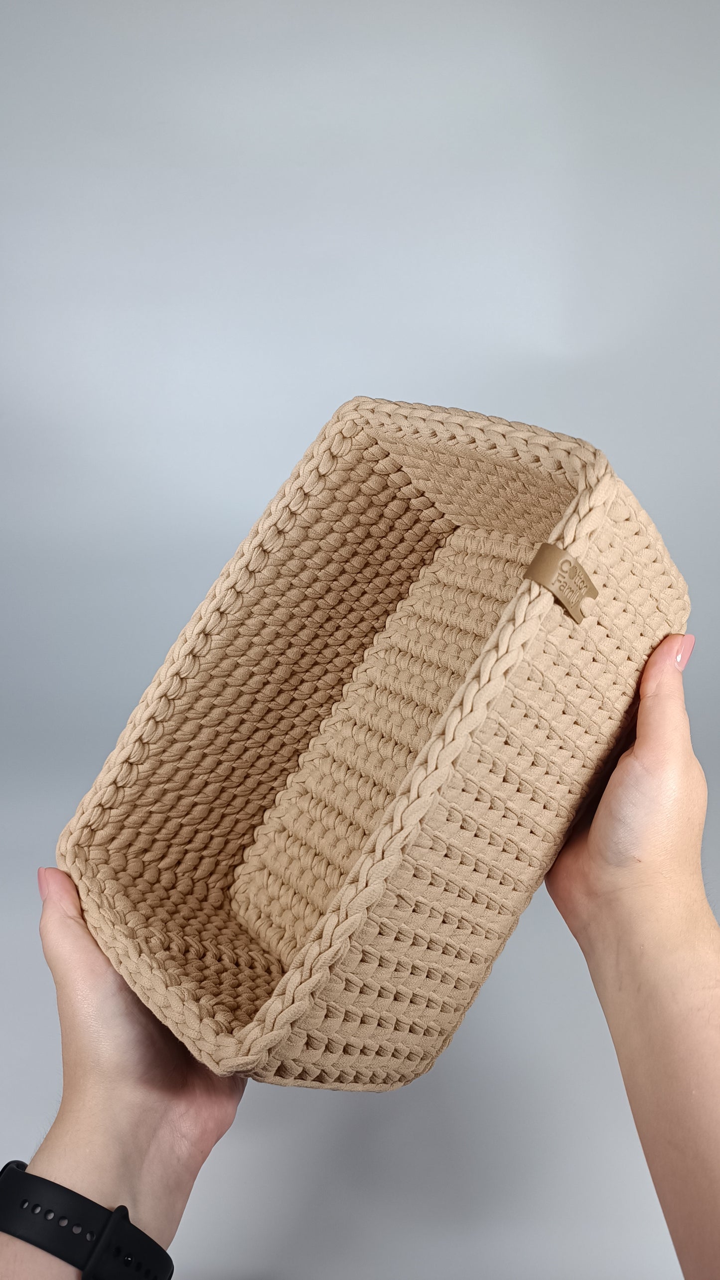 RECTO Basket — Warm Sand | Handmade Crochet Organizer with Knitted Bottom