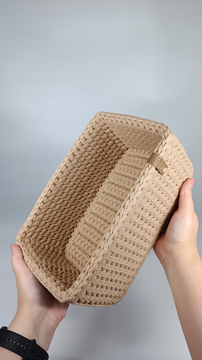 RECTO Basket — Warm Sand | Handmade Crochet Organizer with Knitted Bottom