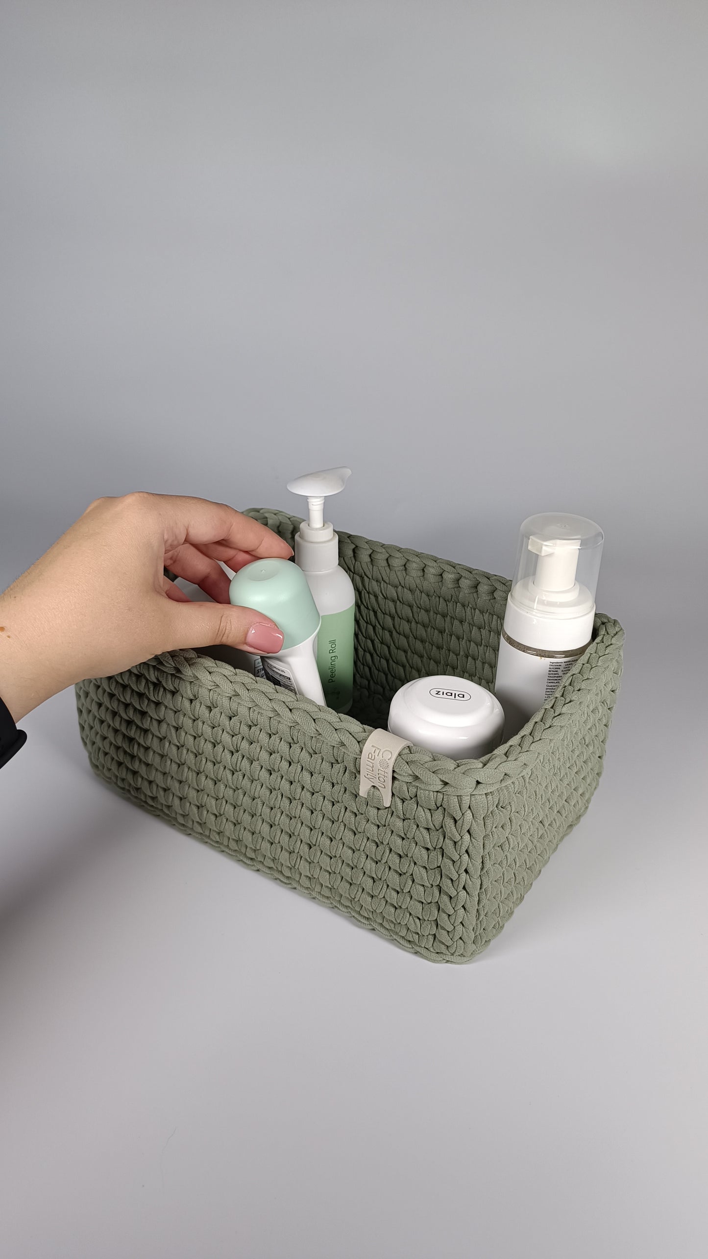 RECTO Basket — Sage Mist | Handmade Crochet Organizer with Knitted Bottom