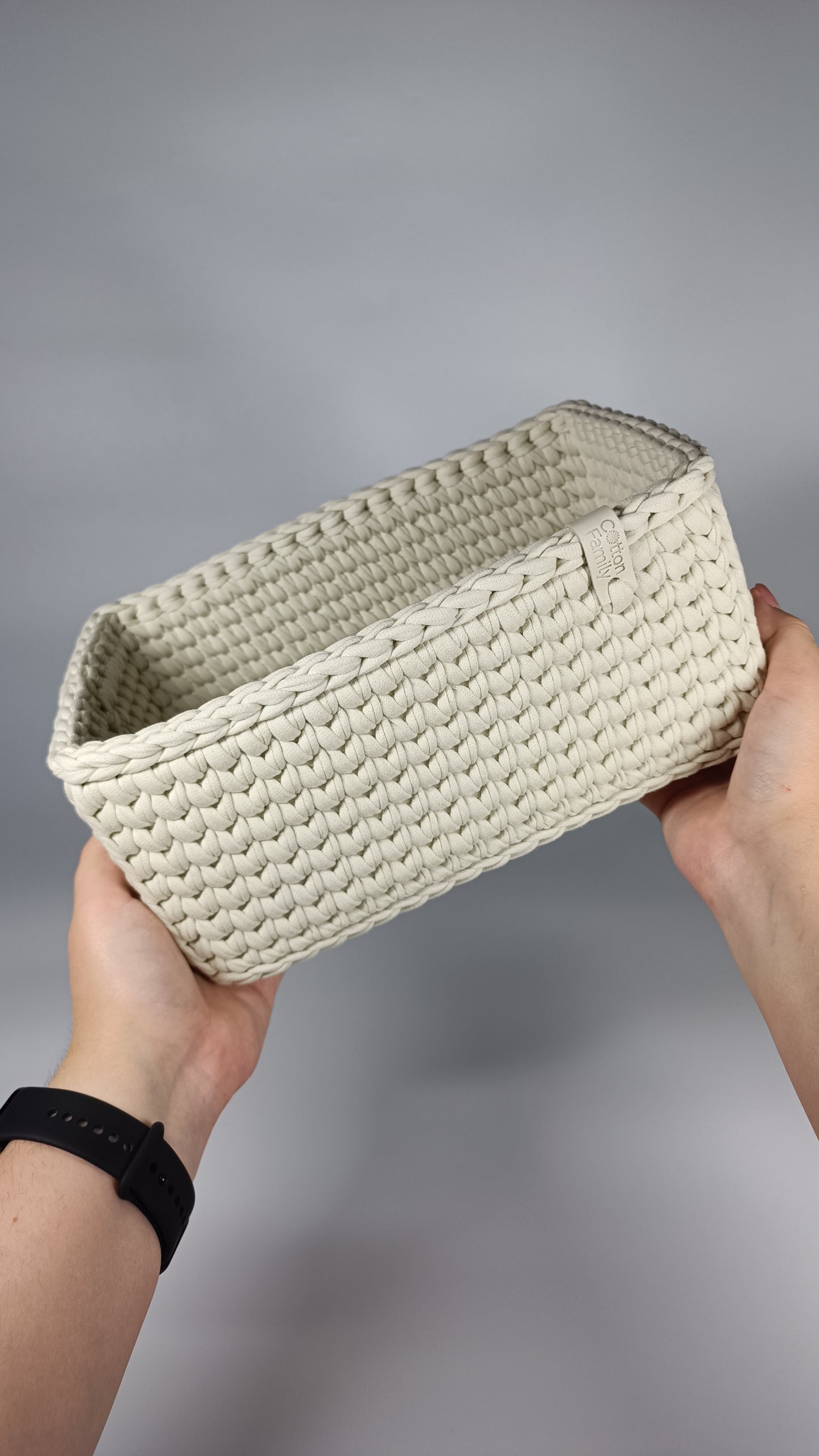 “RECTO” Handmade Rectangle Basket — Ivory (Knitted Bottom), 27×17×11 cm