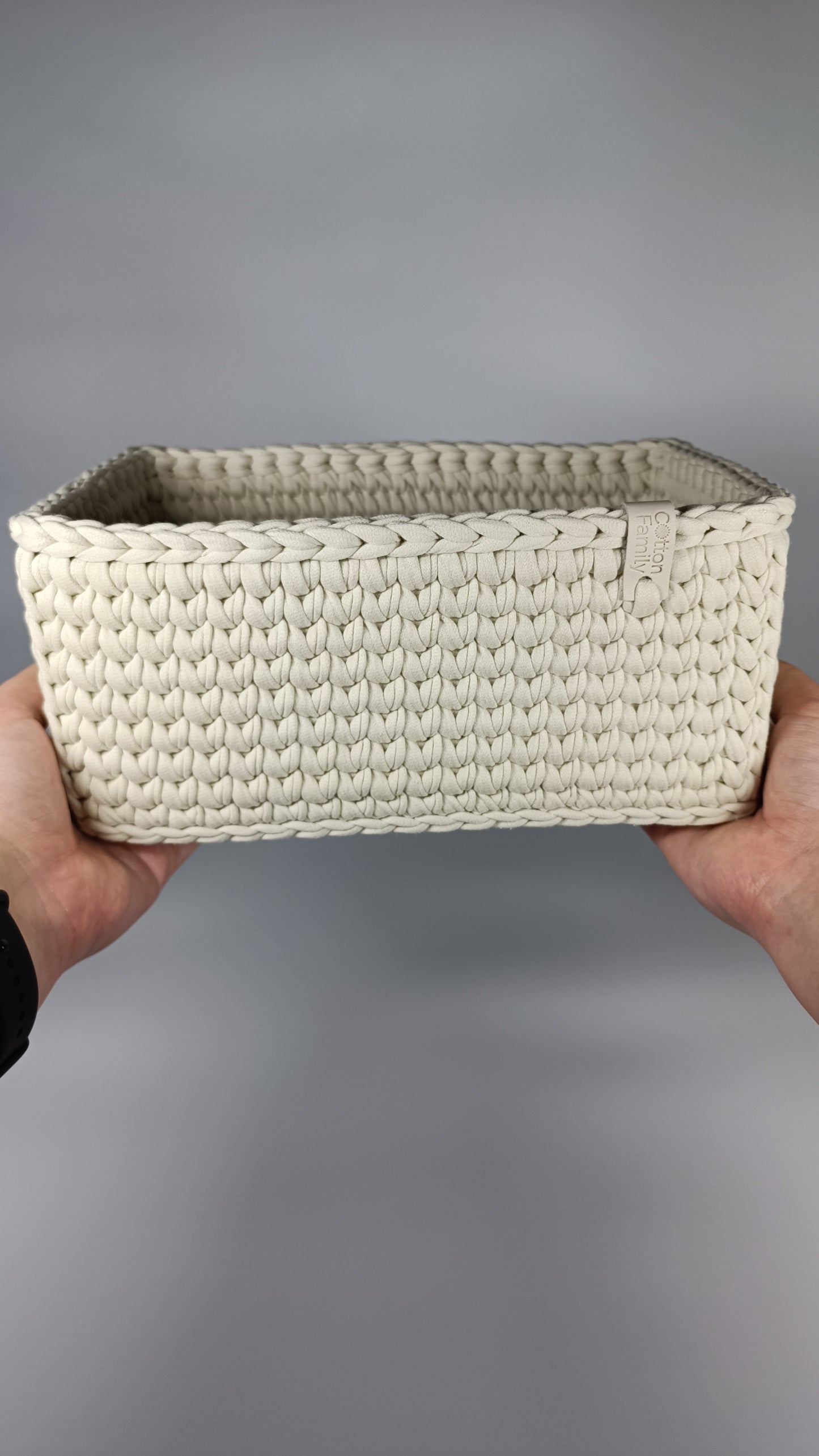 “RECTO” Handmade Rectangle Basket — Ivory (Knitted Bottom), 27×17×11 cm