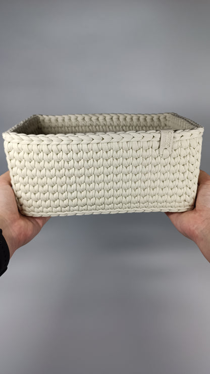 “RECTO” Handmade Rectangle Basket — Ivory (Knitted Bottom), 27×17×11 cm