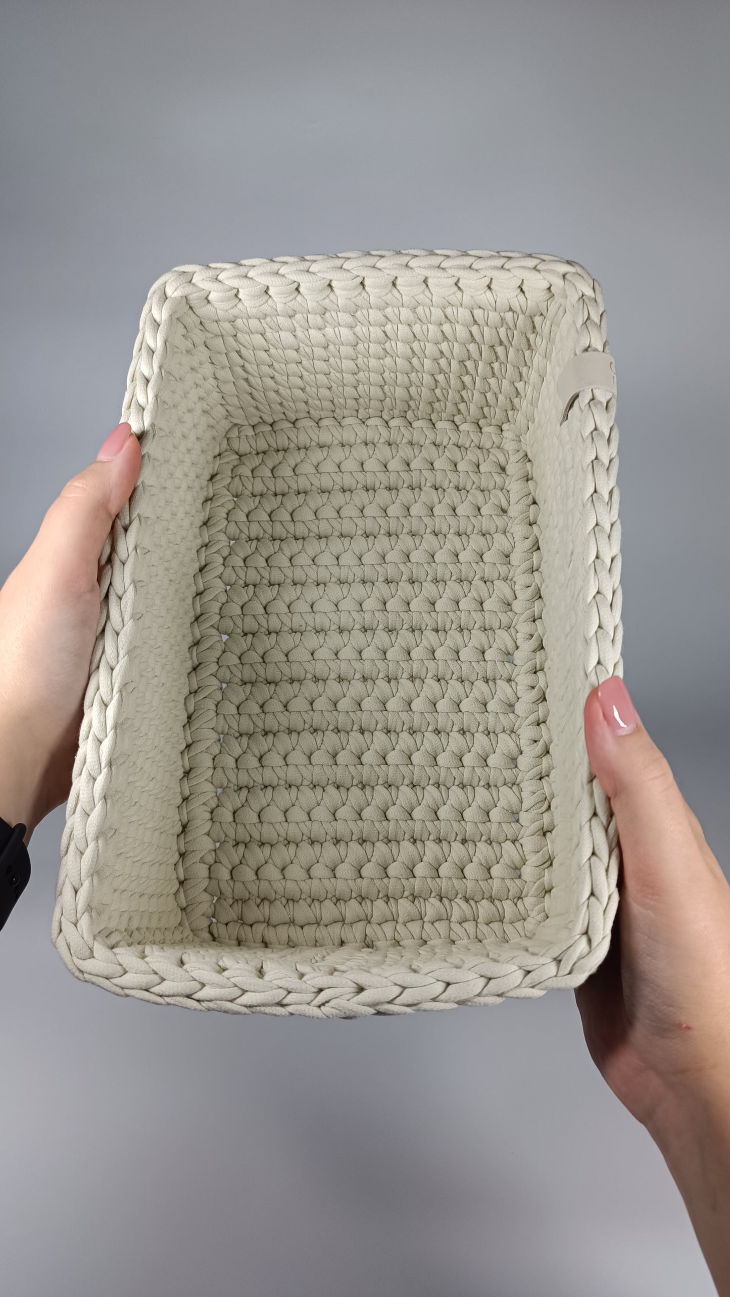“RECTO” Handmade Rectangle Basket — Ivory (Knitted Bottom), 27×17×11 cm
