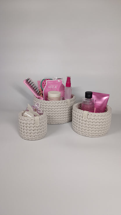 CLASSIC Set — Stone | Handmade Round Crochet Storage Baskets (Set of 3)