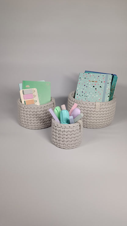 CLASSIC Set — Stone | Handmade Round Crochet Storage Baskets (Set of 3)