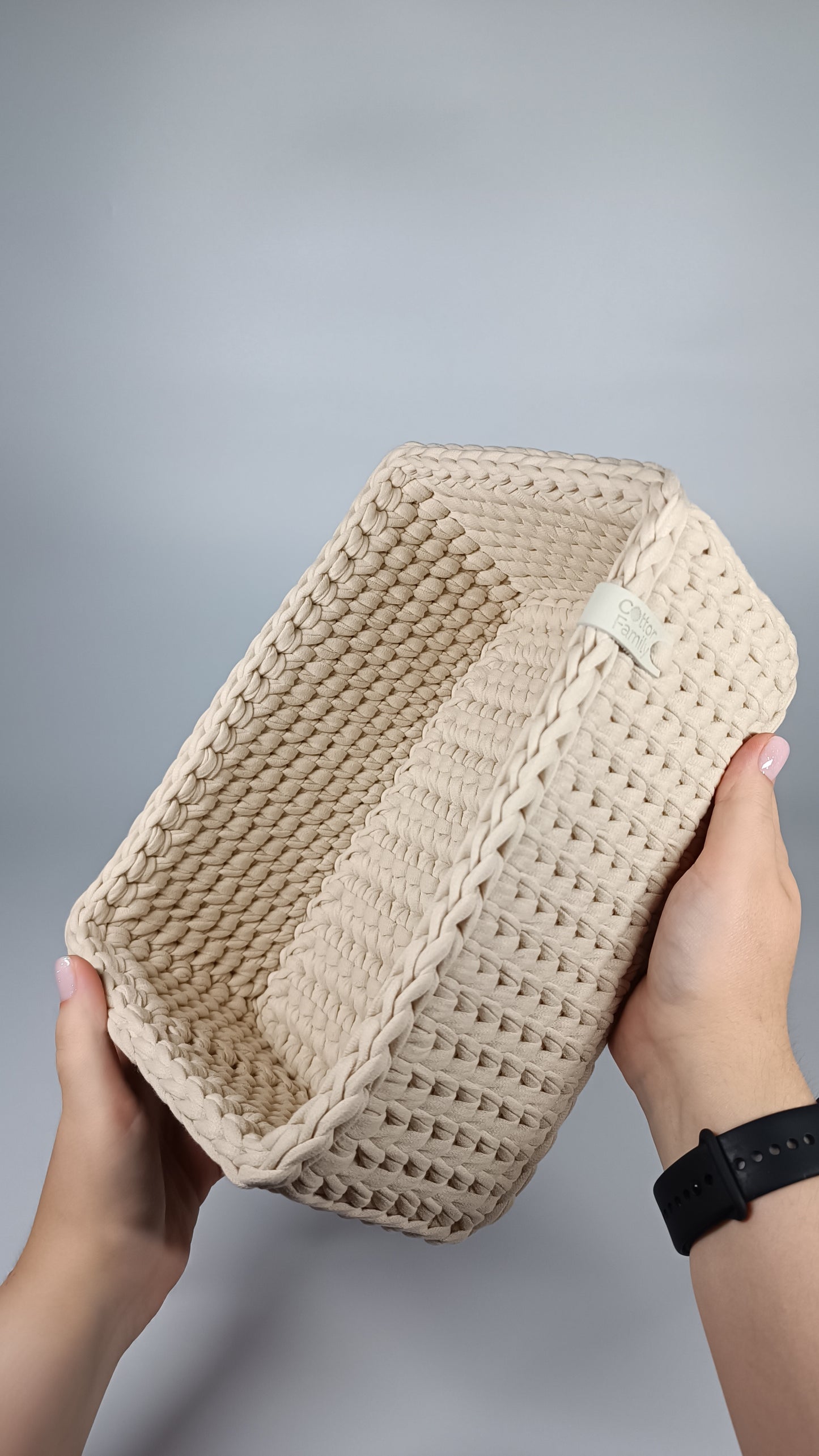 RECTO Basket — Beige Powder | Handmade Crochet Organizer with Knitted Bottom