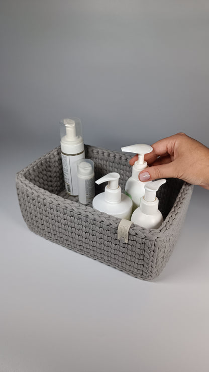 RECTO Basket — Warm Gray | Handmade Crochet Organizer with Knitted Bottom