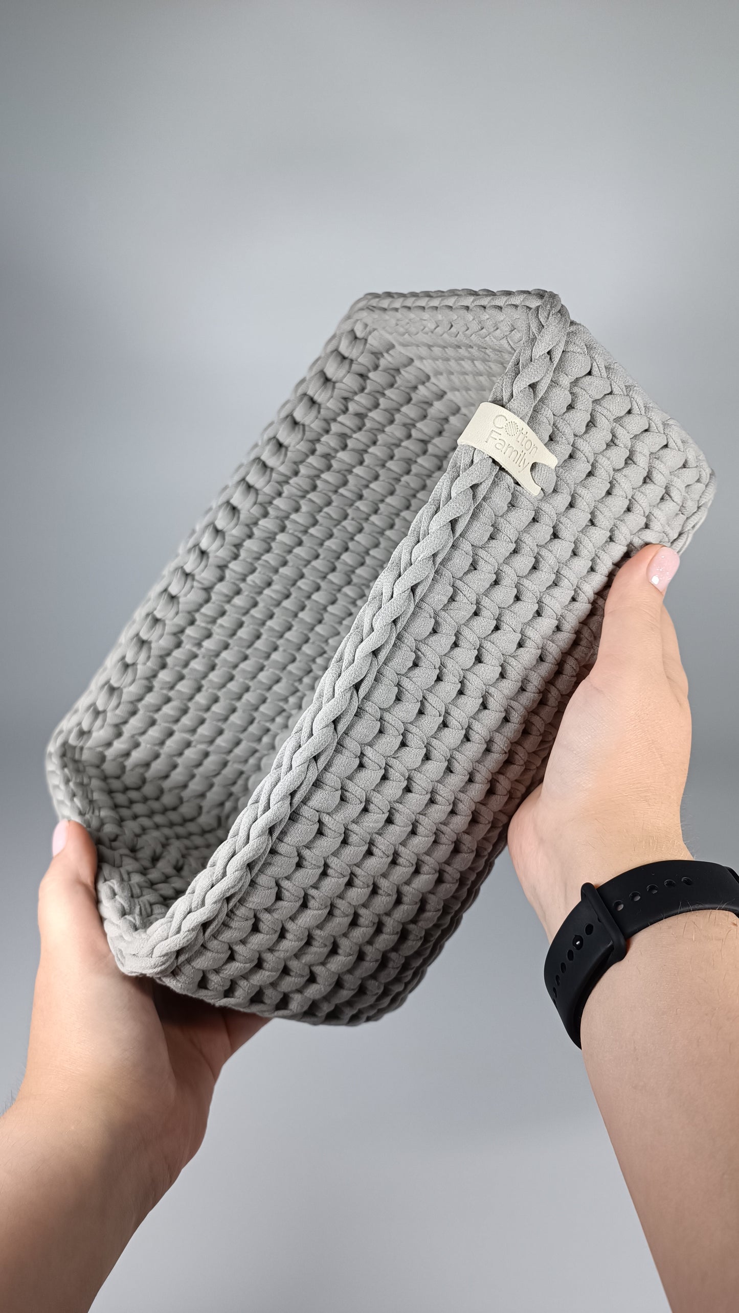 RECTO Basket — Warm Gray | Handmade Crochet Organizer with Knitted Bottom