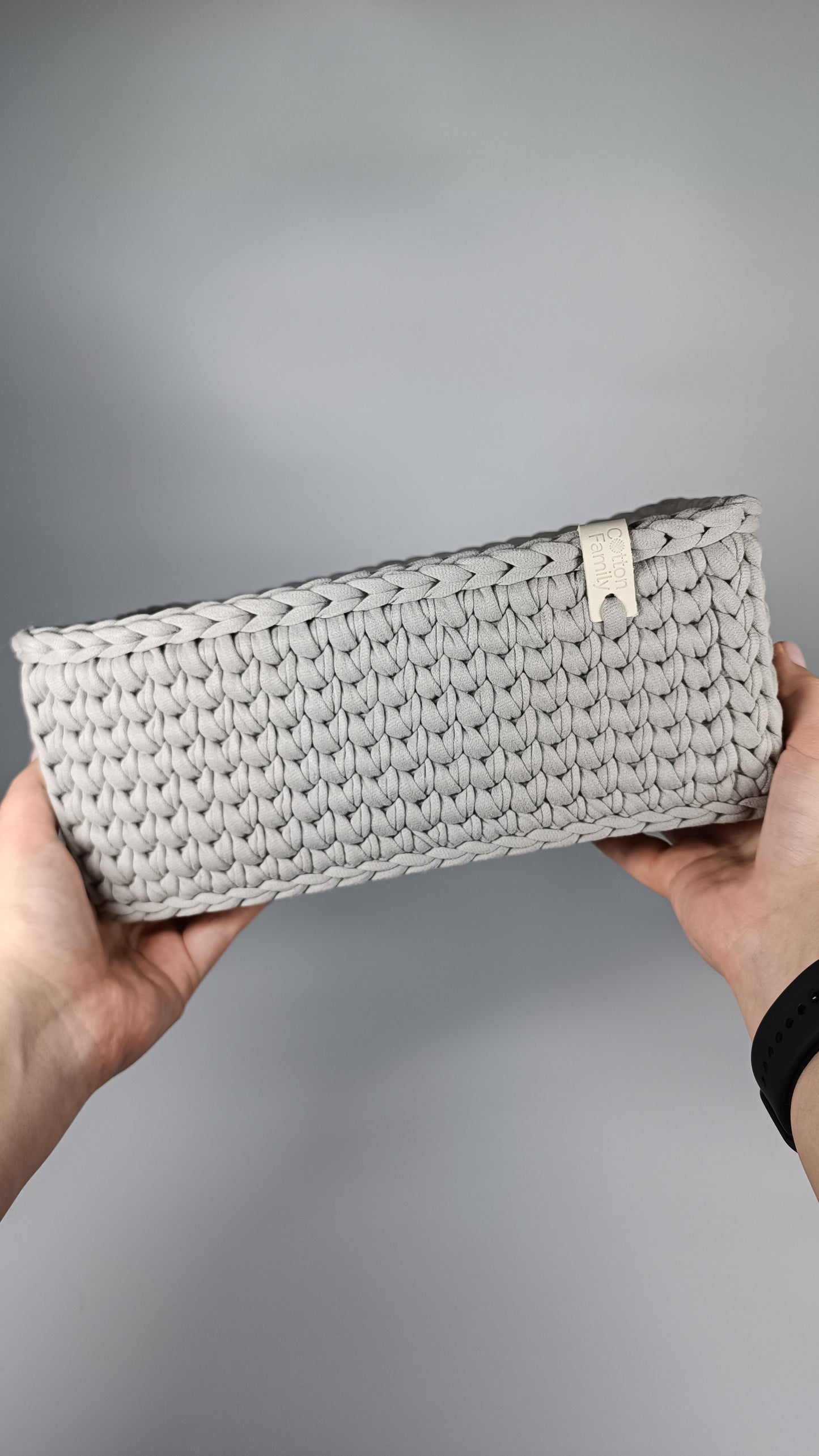 RECTO Basket — Warm Gray | Handmade Crochet Organizer with Knitted Bottom