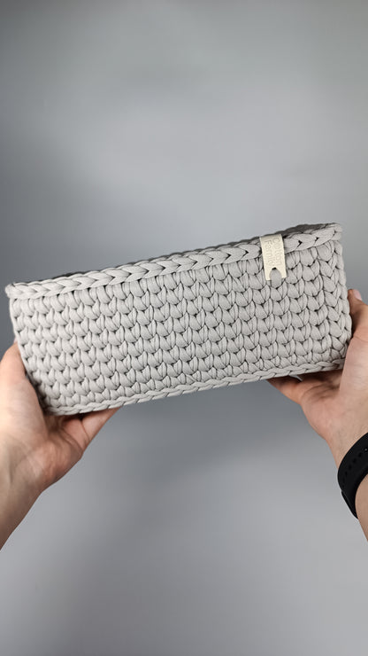 RECTO Basket — Warm Gray | Handmade Crochet Organizer with Knitted Bottom