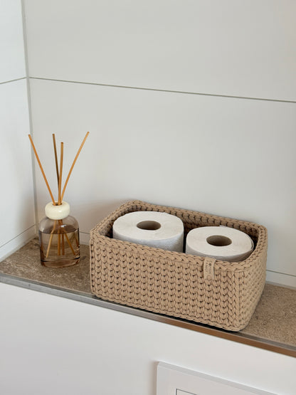 RECTO Basket — Warm Sand | Handmade Crochet Organizer with Knitted Bottom