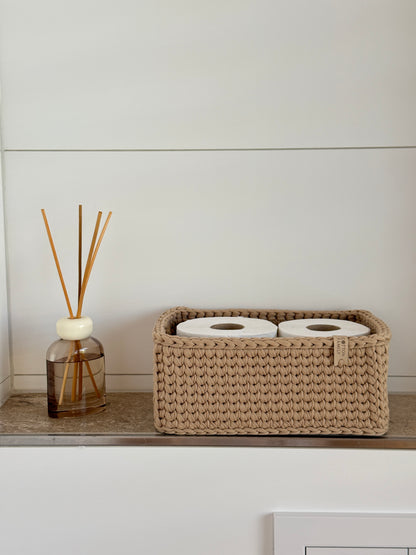 RECTO Basket — Warm Sand | Handmade Crochet Organizer with Knitted Bottom