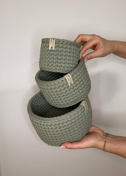 CLASSIC Set — Sage Mist | Handmade Round Crochet Storage Baskets (Set of 3)
