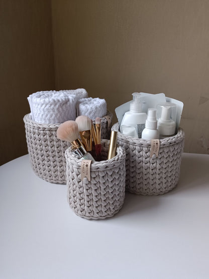 CLASSIC Set — Stone | Handmade Round Crochet Storage Baskets (Set of 3)