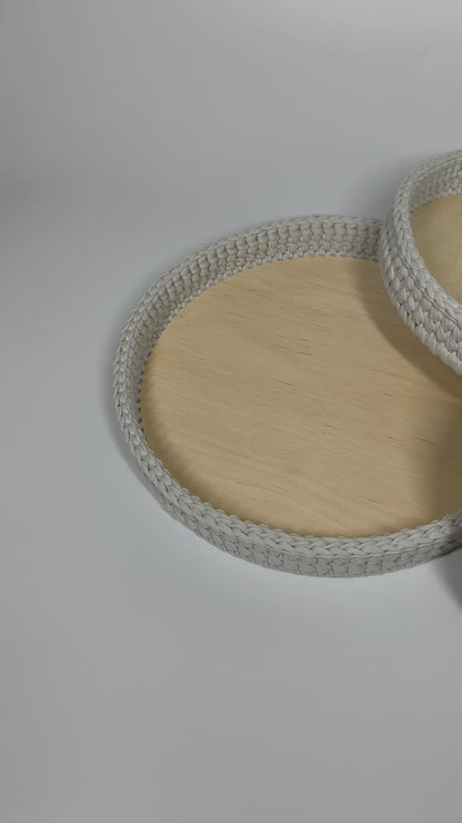 SALVA Tray — Stone | Handmade Round Crochet Tray with Wooden Base