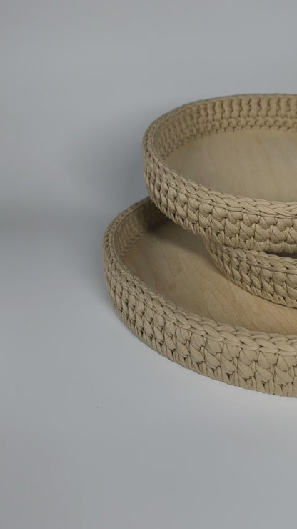SALVA Tray — Warm Sand | Handmade Round Crochet Tray with Wooden Base
