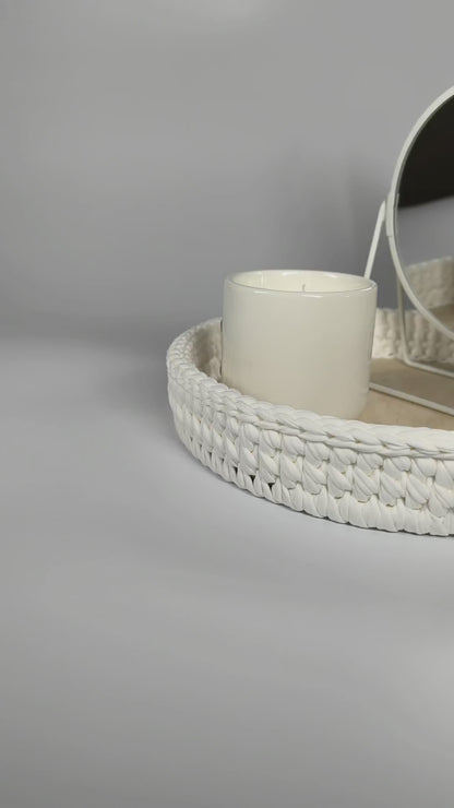 SALVA Tray — Milk | Handmade Round Crochet Tray with Wooden Base