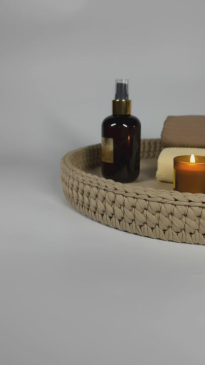 SALVA Tray — Warm Sand | Handmade Round Crochet Tray with Wooden Base