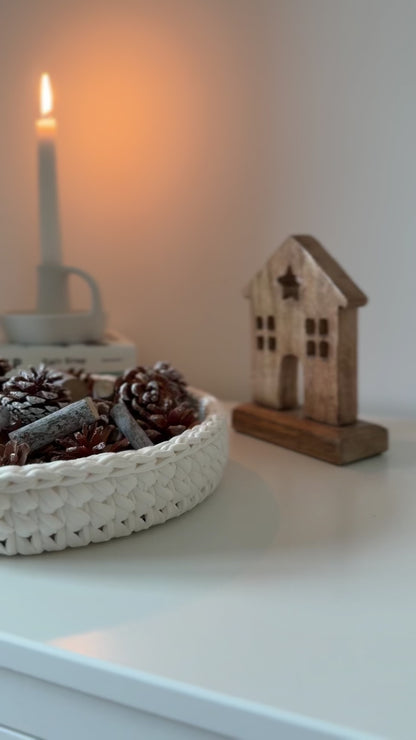 SALVA Tray — Milk | Handmade Round Crochet Tray with Wooden Base