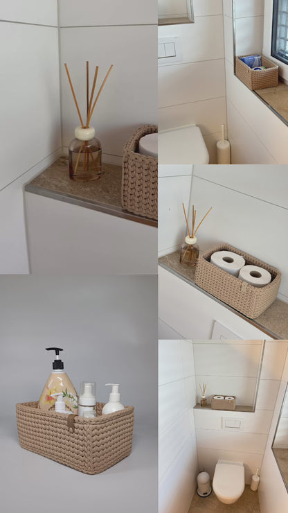 RECTO Basket — Warm Sand | Handmade Crochet Organizer with Knitted Bottom